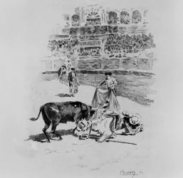 Der Sturz eines Picadors, eine Illustration aus Carmen von Prosper Merimee (1803-70), graviert von Eugene Decisy (1866-ca.1936)